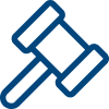 Blue outline of a judge's gavel tilted diagonally on a white background.