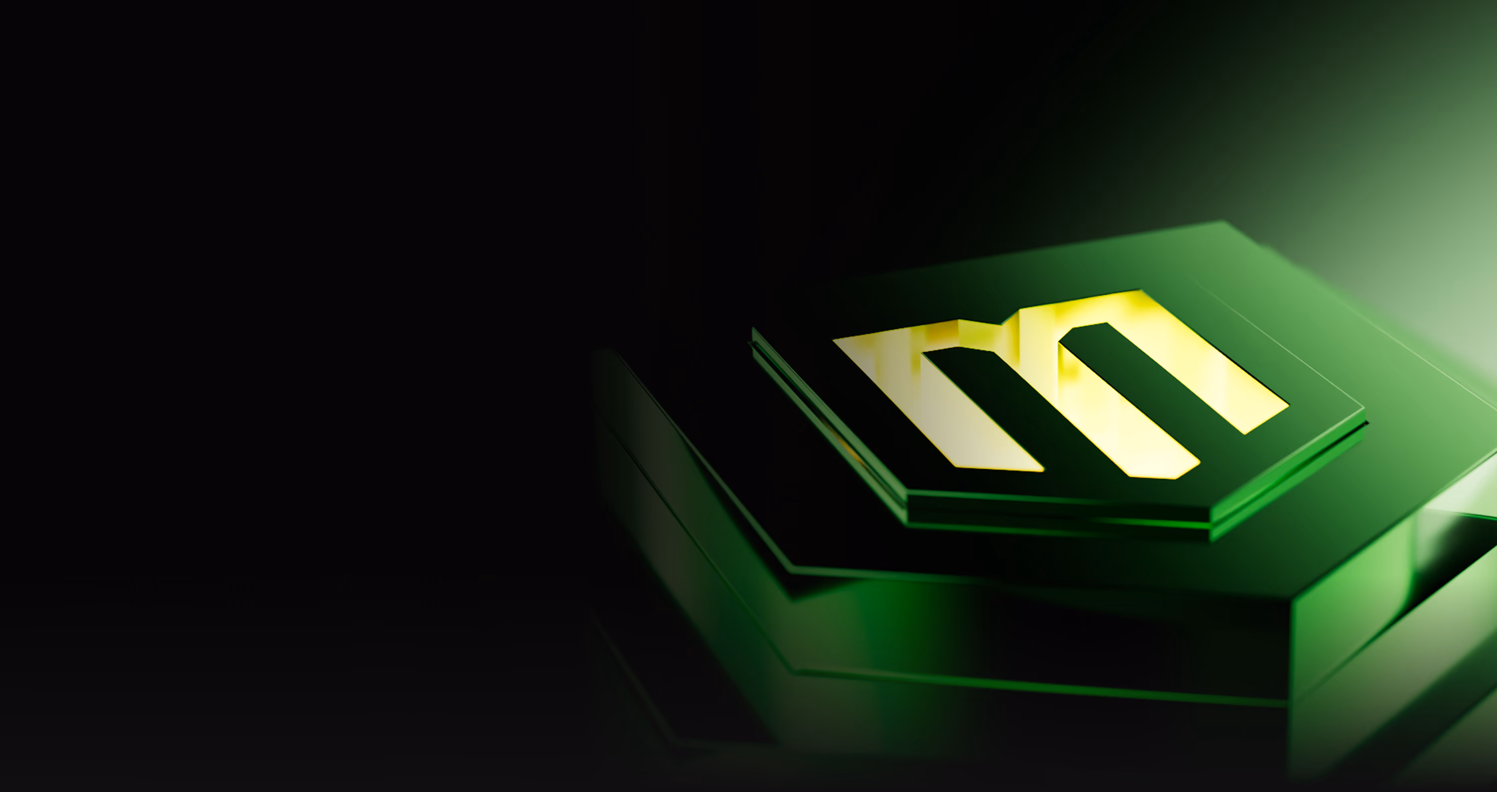 Glowing green and yellow 3D rendering of the Merchant Fraud Alliance monogram.