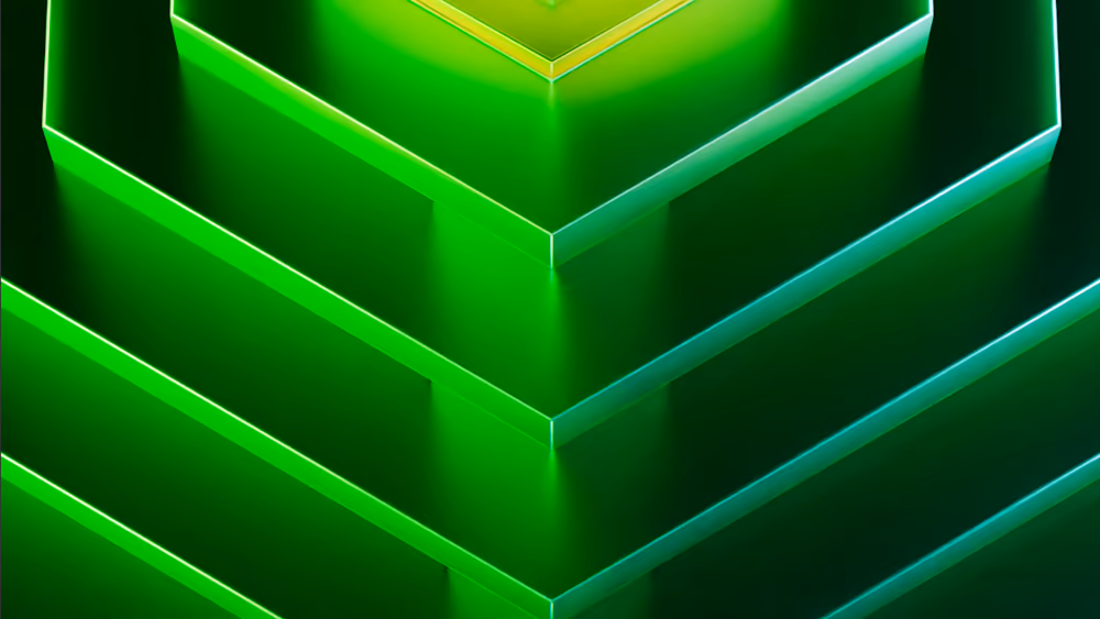 Green stepped geometric shapes stacked symmetrically with glowing edges on a dark background.