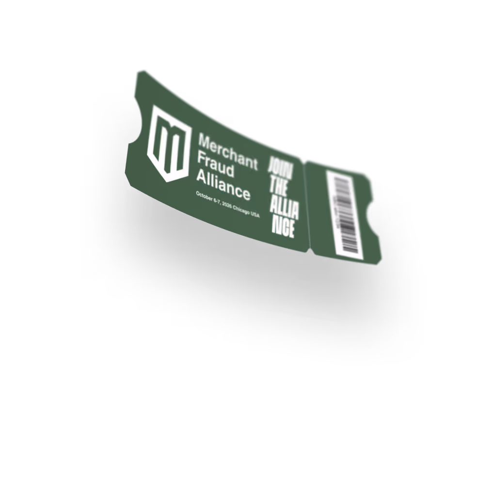 Green event ticket for Merchant Fraud Alliance, October 6-7, 2026, Chicago, USA, with barcode and JOIN THE ALLIANCE text.