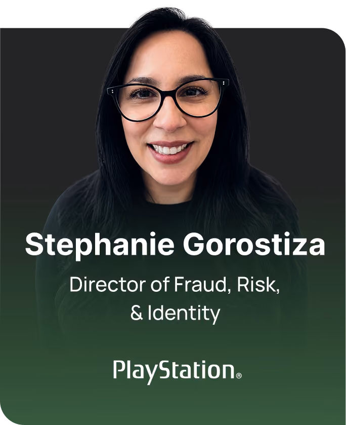 Portrait of Stephanie Gorostiza wearing glasses, smiling, Director of Fraud, Risk & Identity at PlayStation.