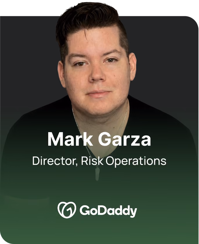 Portrait of Mark Garza with text: Director, Risk Operations, and GoDaddy logo below.