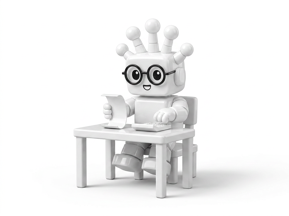 White Resora mascot with glasses seated at a desk reviewing a receipt and calculator.