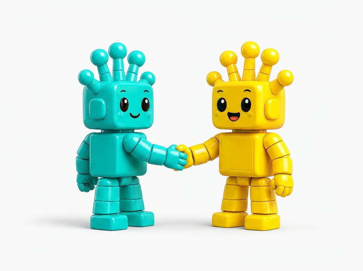 Teal Resora mascot and yellow client mascot shaking hands warmly.