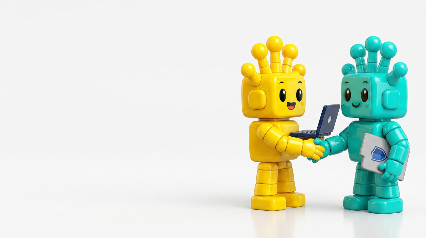 Yellow client mascot holding a laptop facing a teal Resora mascot holding a folder with a shield icon, divided by a soft line.