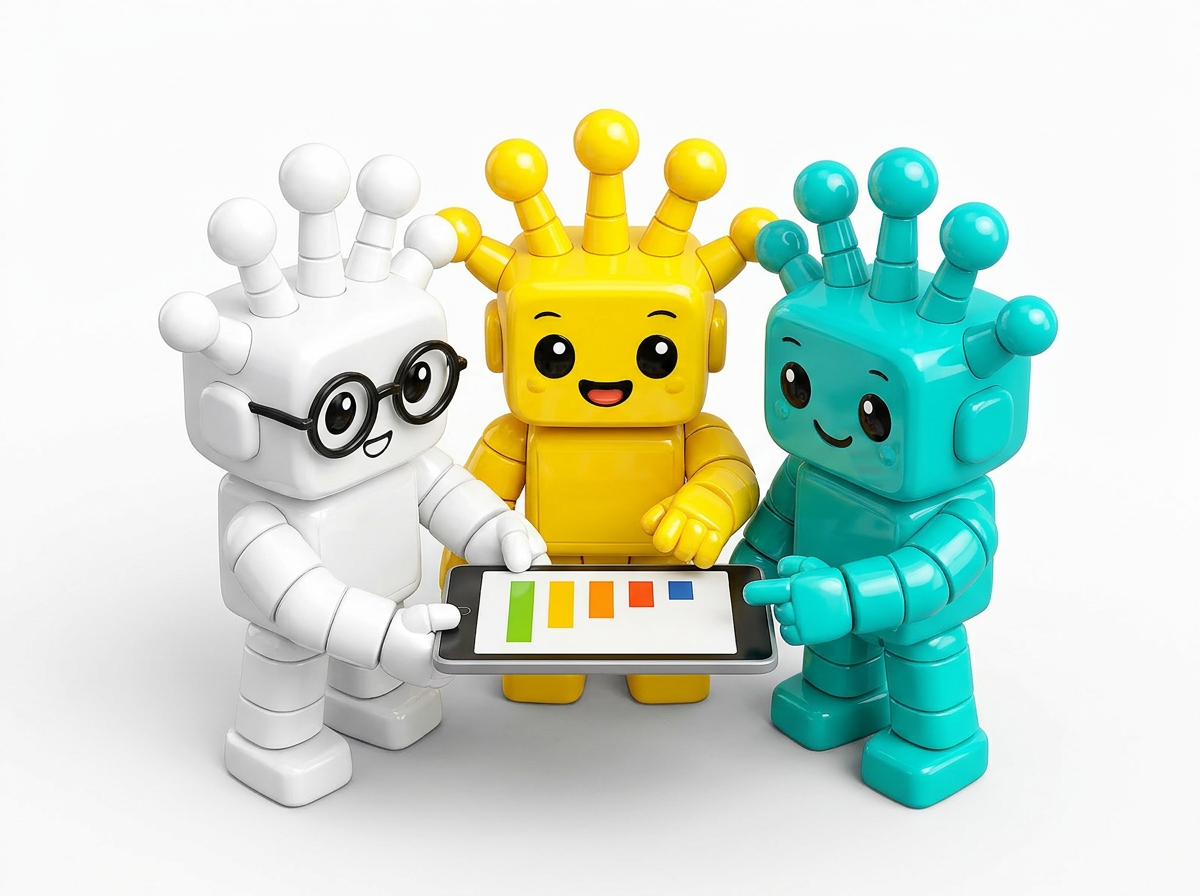 Resora mascots collaborating around a shared tablet.