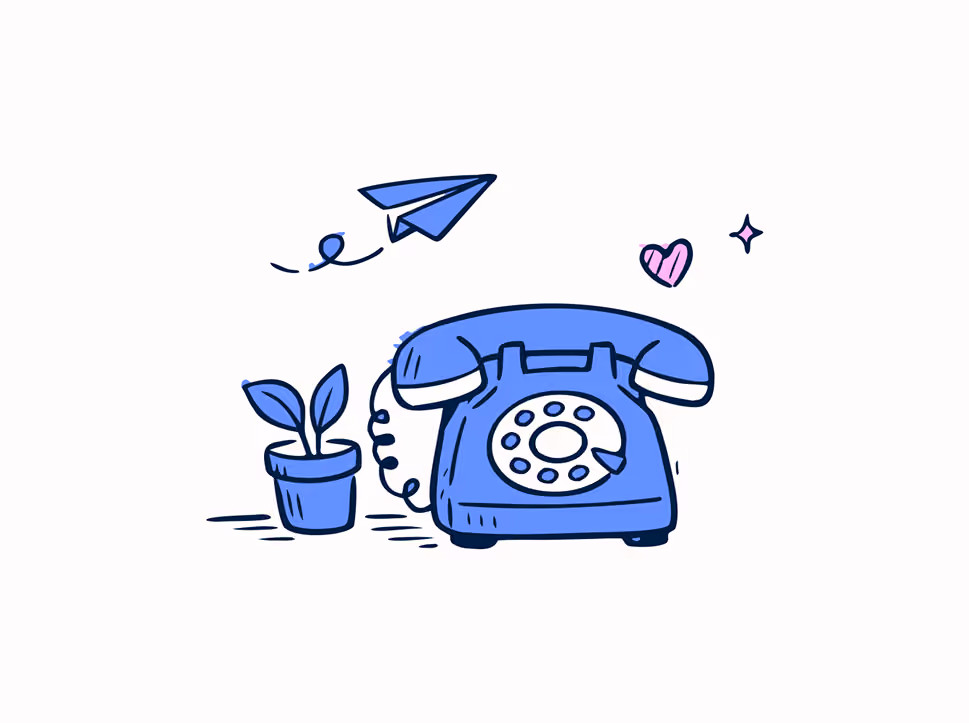 Blue rotary phone with a potted plant, paper airplane, pink heart, and star icons around it.