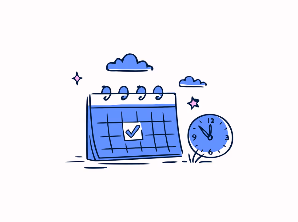 Illustration of a calendar with a checkmark and a clock showing 11 o'clock next to it.