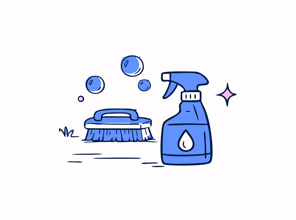 Blue spray bottle and scrub brush with soap bubbles symbolizing cleaning.