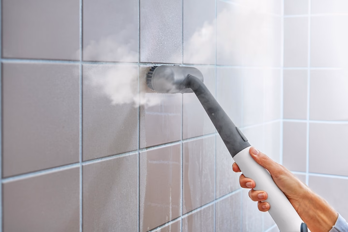 Hand holding a steam cleaner brushing and steaming grout on tiled wall.