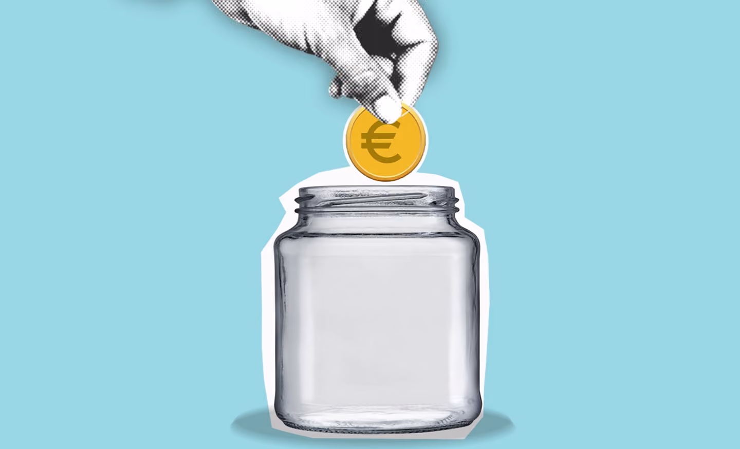 Hand dropping a euro coin into an empty glass jar on a light blue background.