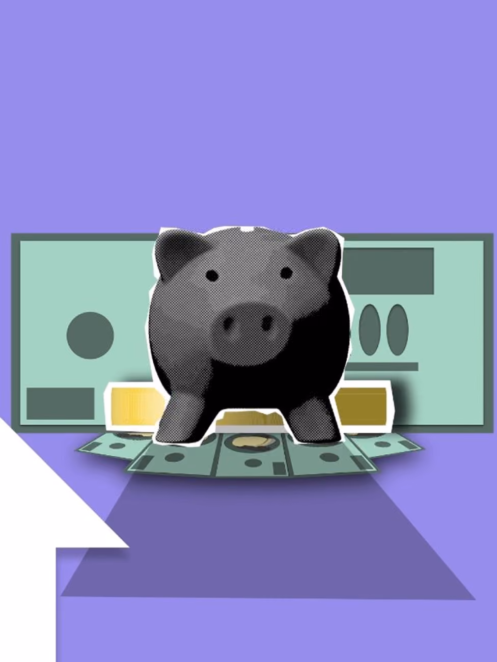 Black piggy bank on green bills and gold bars with a large green bill in the background.