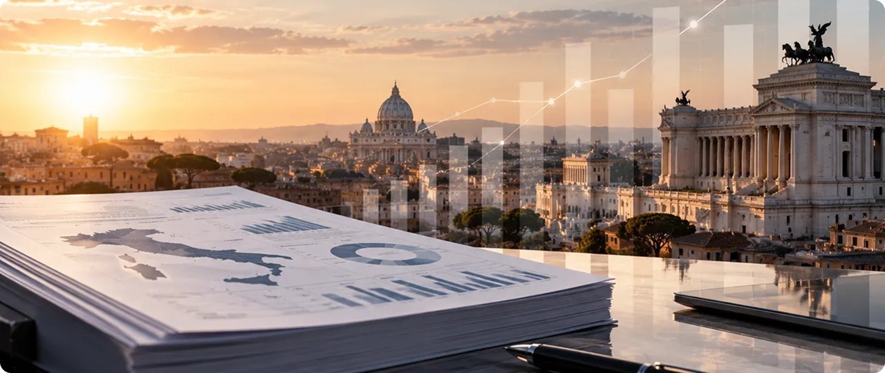 Panorama di Roma al tramonto con un documento sui rischi catastrofali