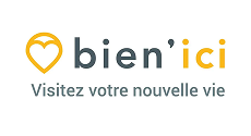 Logo de la plateforme de recherche immobilière nommée Bien'ici avec une icône de localisation jaune et le texte Visitez votre nouvelle vie.