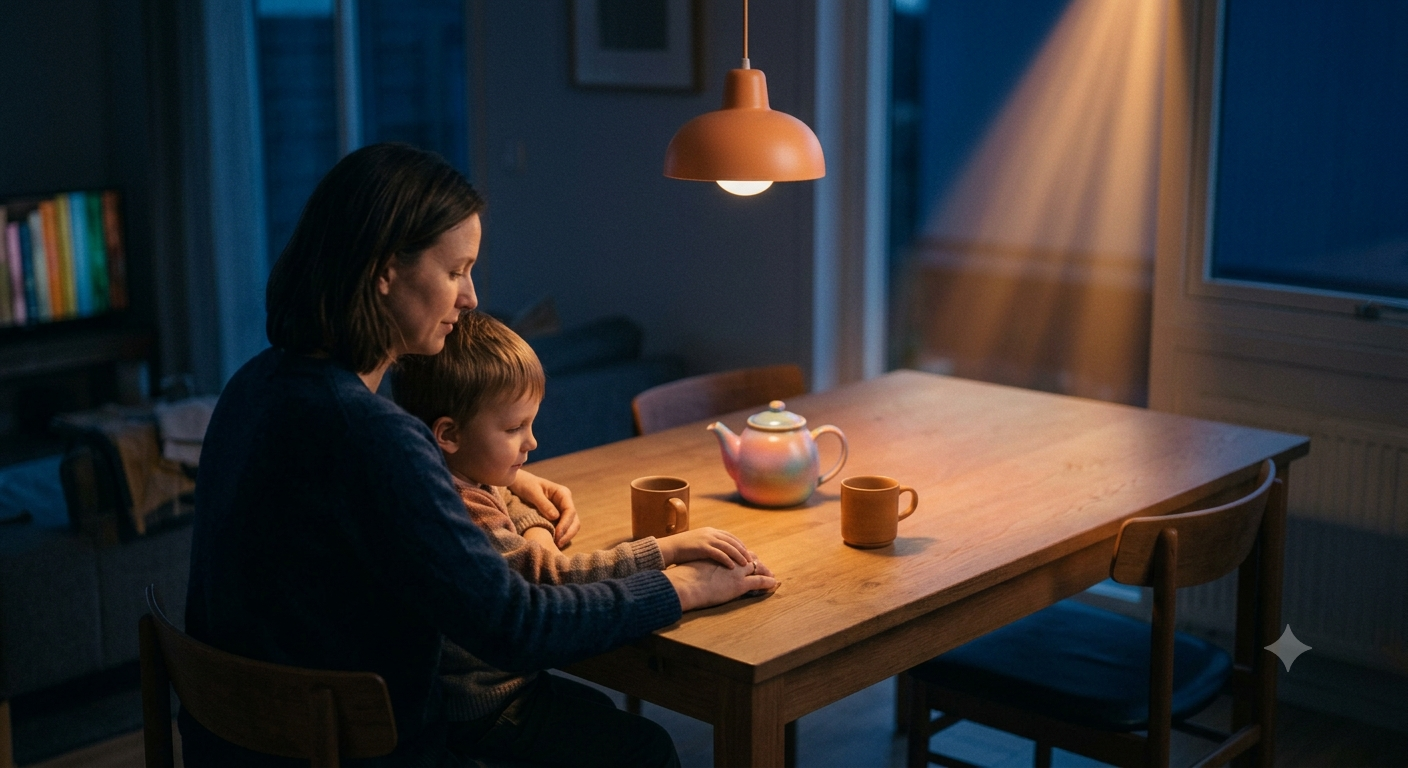 Une femme et un enfant assis ensemble à une table en bois sous une lampe, avec une théière et deux tasses.