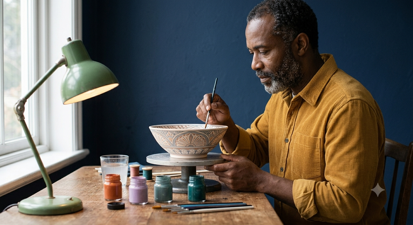 Un homme peint un grand bol en céramique assis à un bureau en bois avec des pots de peinture.