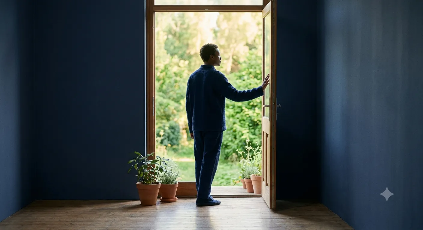Un homme debout dans une pièce vide, portant un pyjama bleu, ouvrant une porte vers un jardin verdoyant.