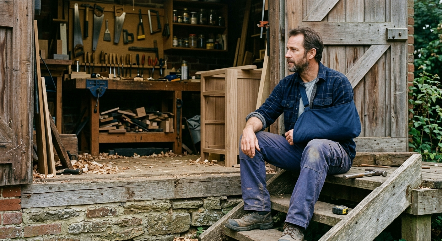 Homme avec un bras en écharpe assis sur les marches devant un atelier de menuiserie en bois.
