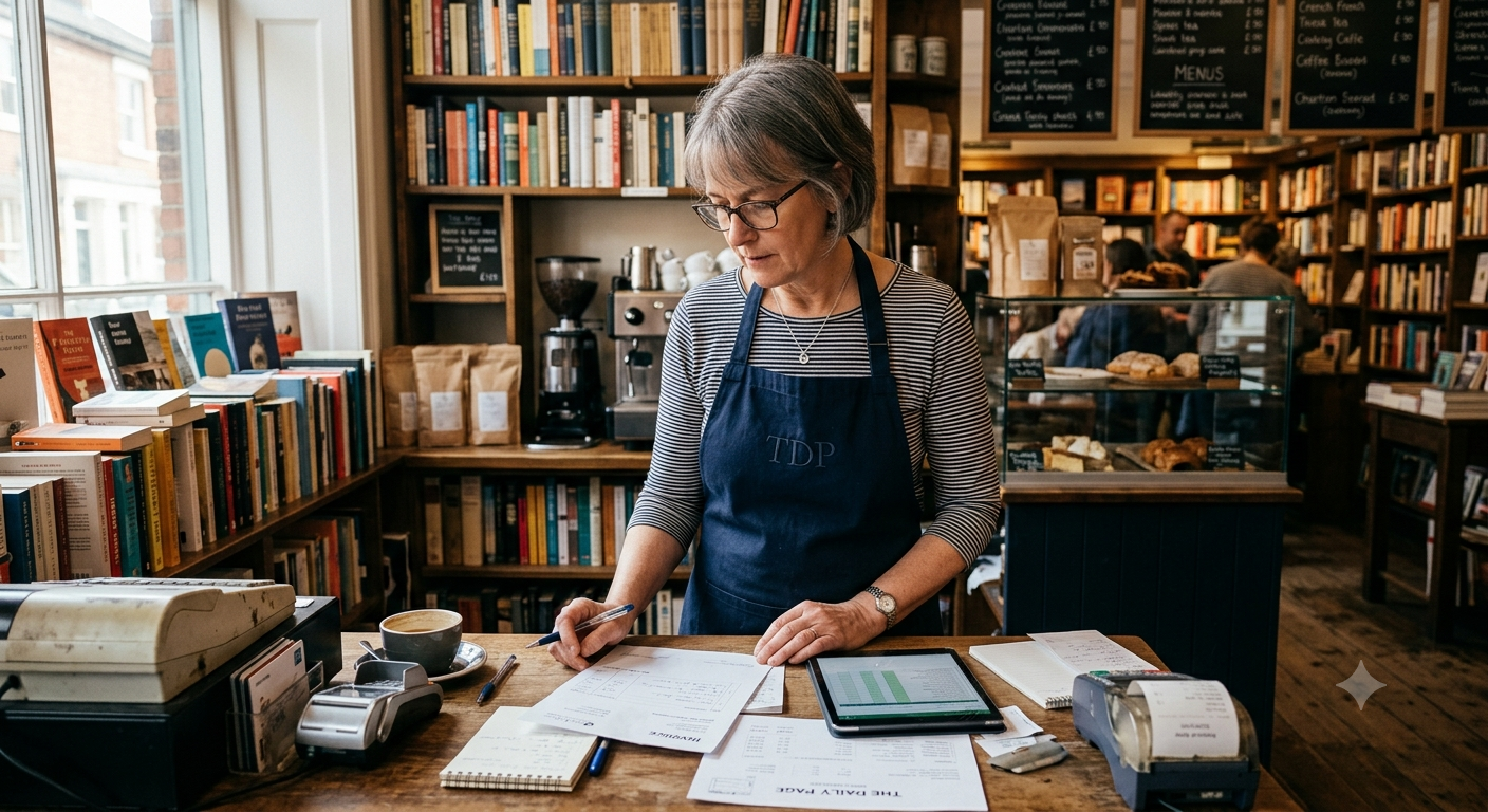 Femme examinant des documents et un graphique sur une tablette dans une librairie-café animée.