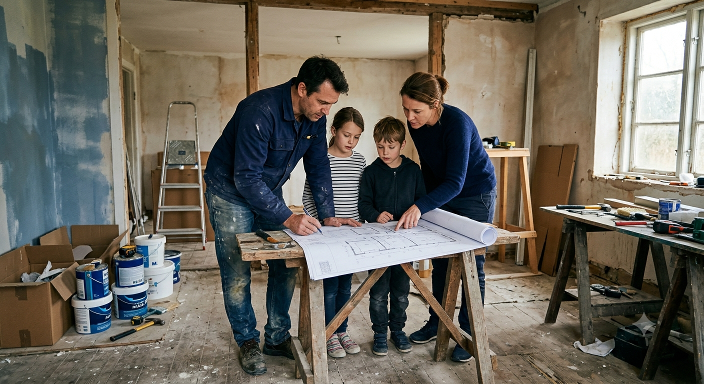 Une famille regarde un plan d'architecture dans une pièce en rénovation avec des outils et peinture.
