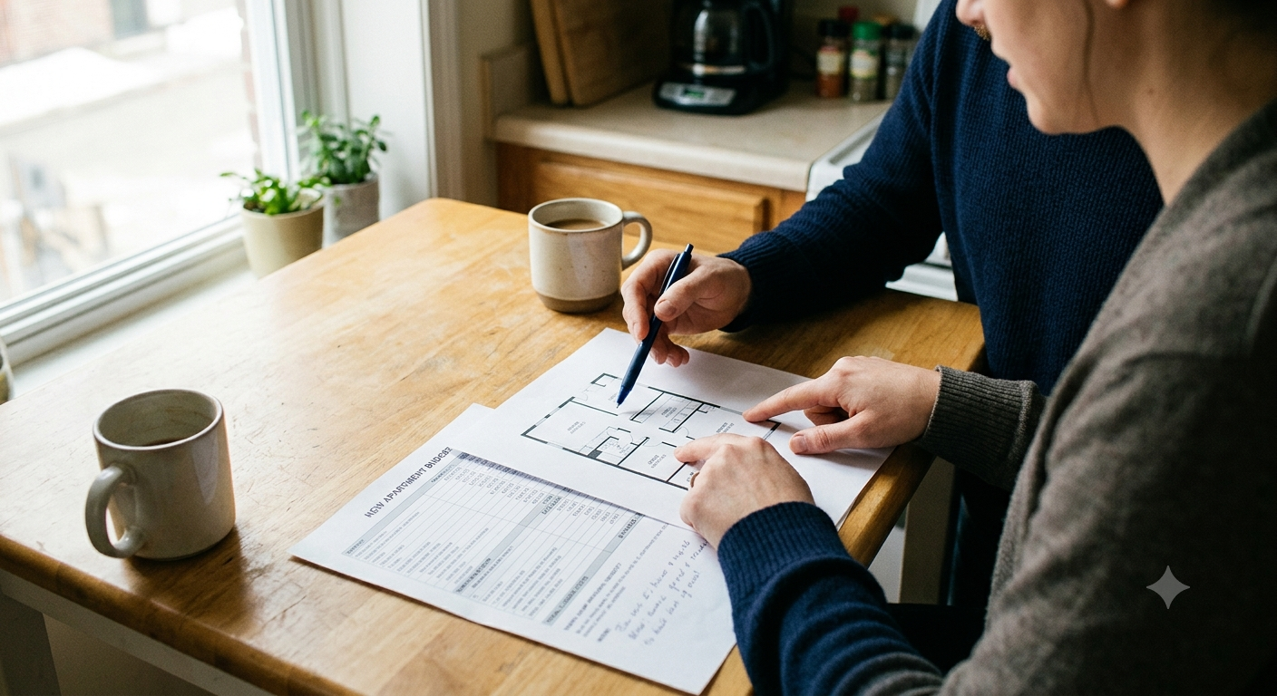 Deux personnes discutent d'un plan d'appartement et d'un budget sur une table en bois avec deux mugs de café.