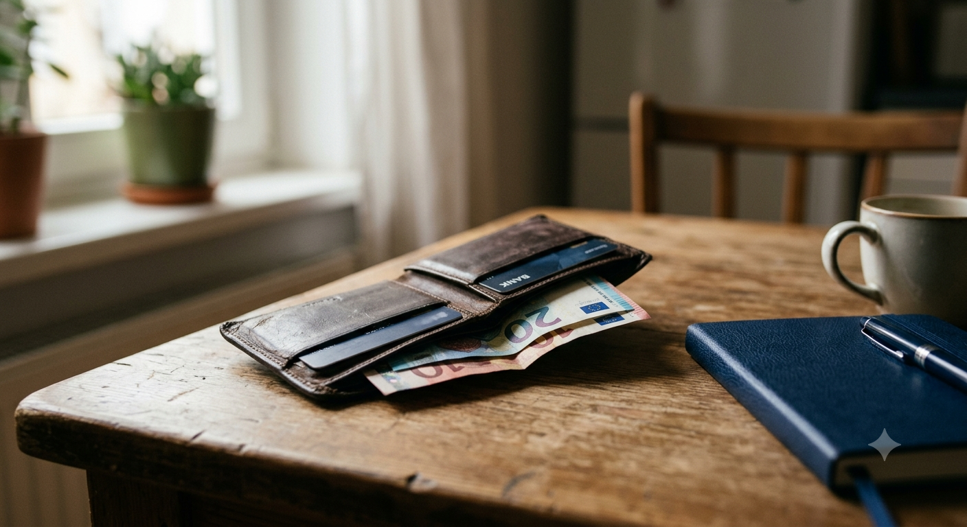 Portefeuille en cuir ouvert avec billets de 20 euros, carnet bleu et tasse sur une table en bois.