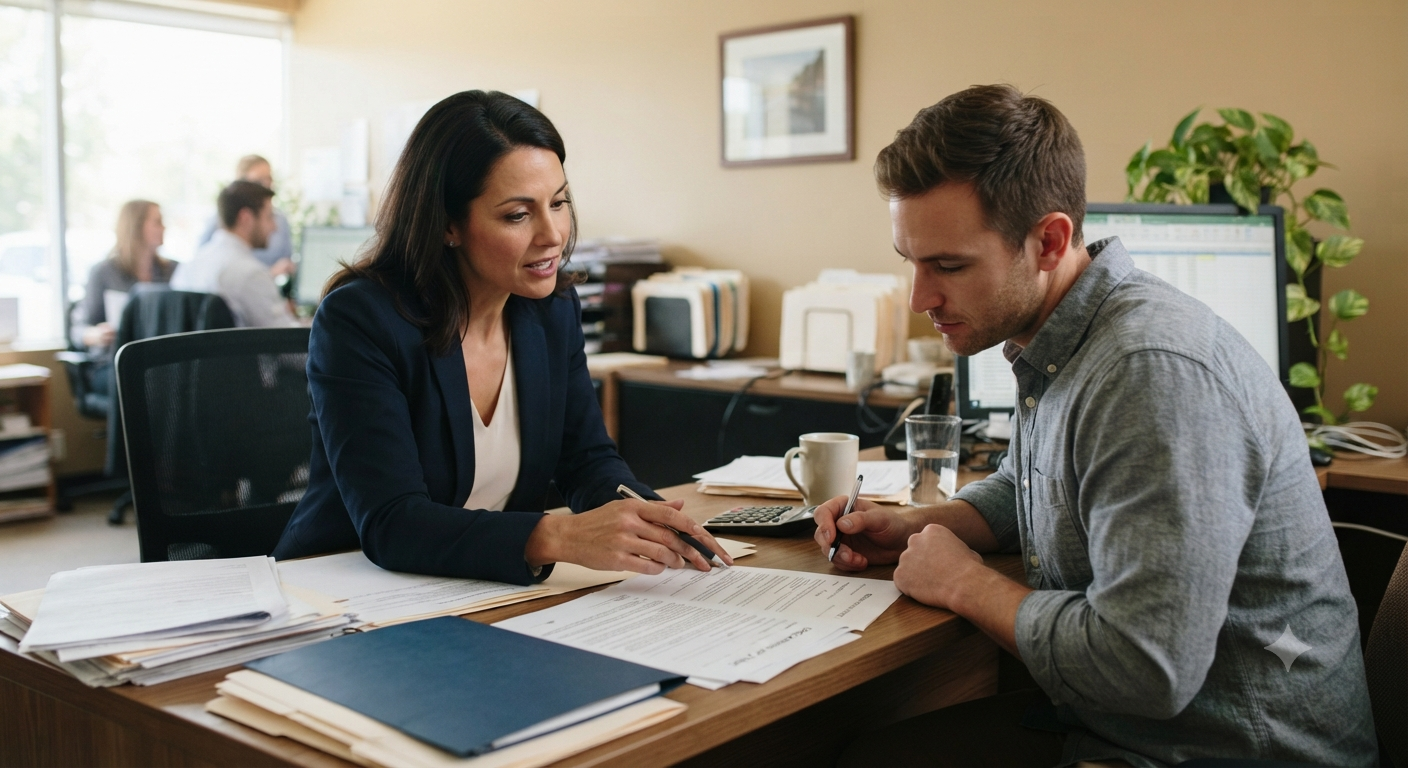 Une femme d'affaires conseille un homme qui signe un document dans un bureau professionnel.