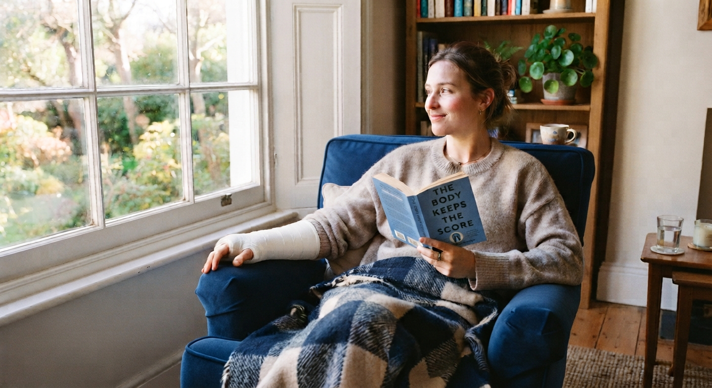 Une femme avec un bras bandé lit un livre dans un fauteuil près d'une fenêtre lumineuse.