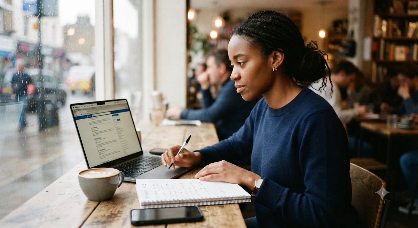 Jeune femme prenant des notes et travaillant sur un ordinateur portable dans un café près de la fenêtre.