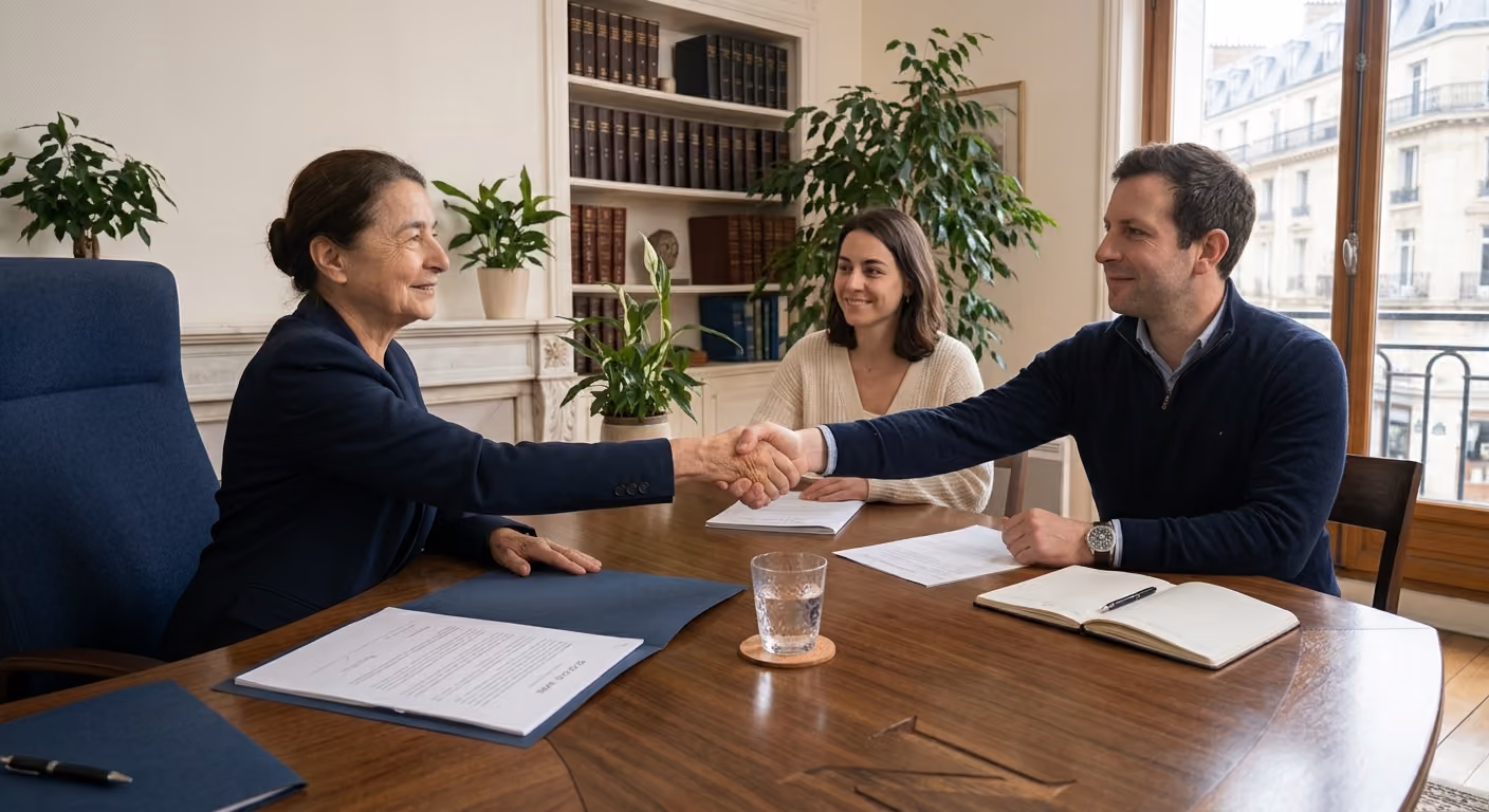 Deux professionnels serrent la main lors d'une réunion, une femme souriante est assise à côté.