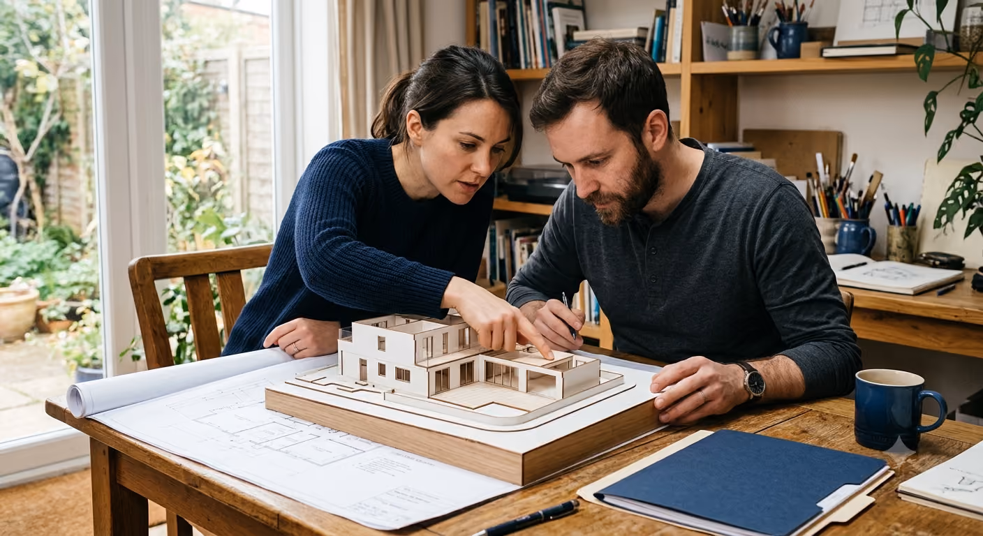 Un homme et une femme examinent ensemble une maquette architecturale de maison sur une table en bois.