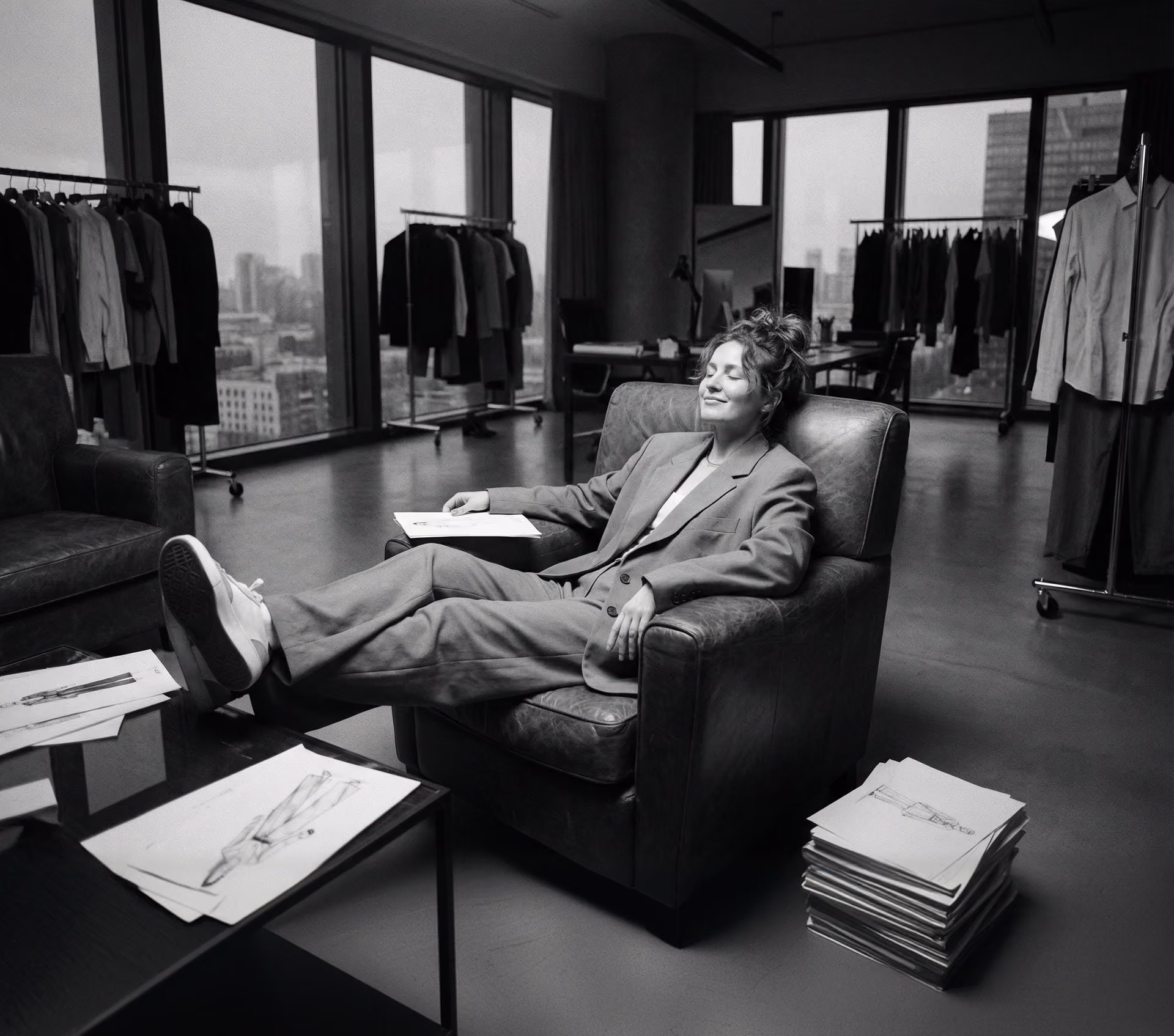 Woman in a suit relaxes in a leather chair with fashion sketches in a studio with city views.