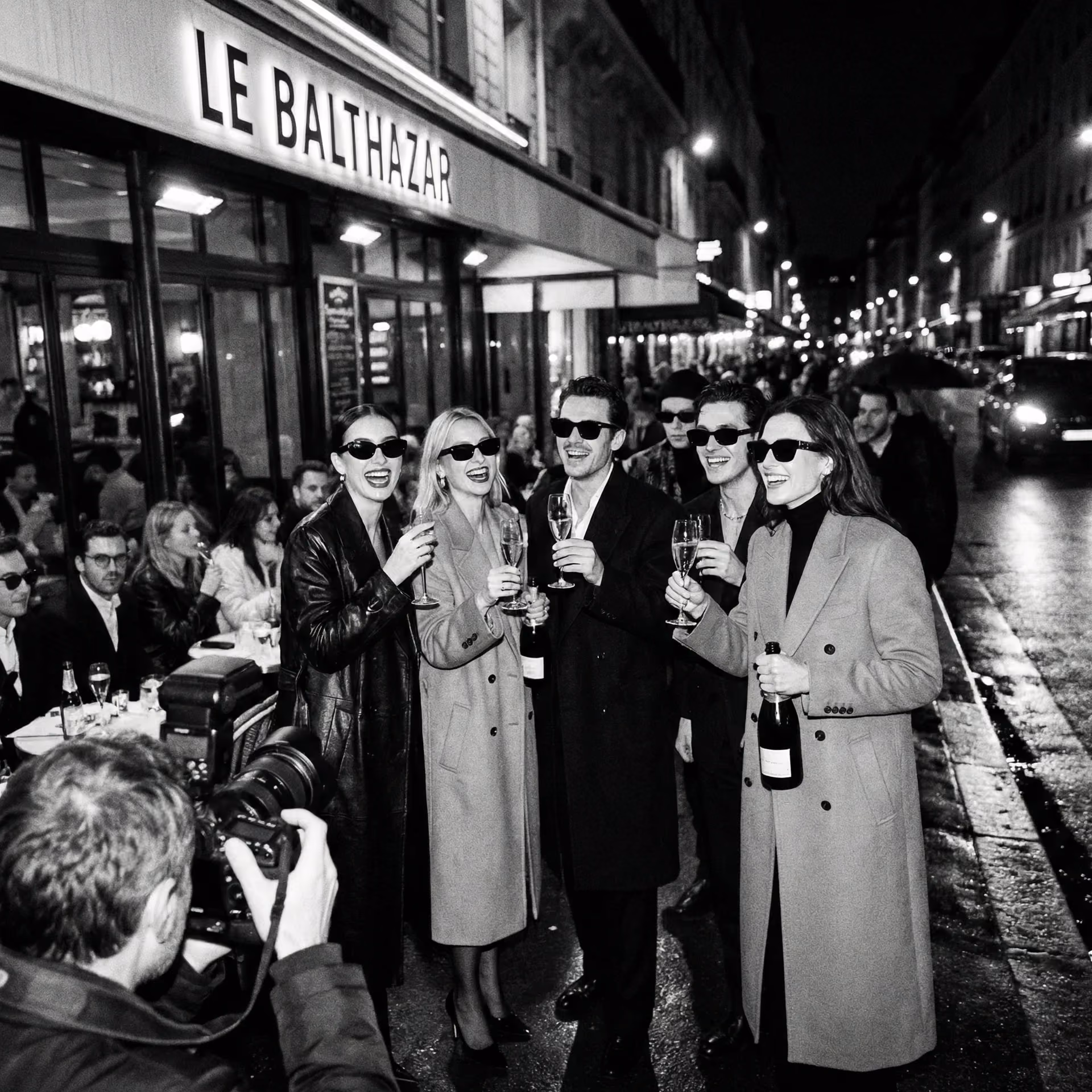 Group of stylishly dressed people wearing sunglasses, holding champagne glasses outside Le Balthazar at night.