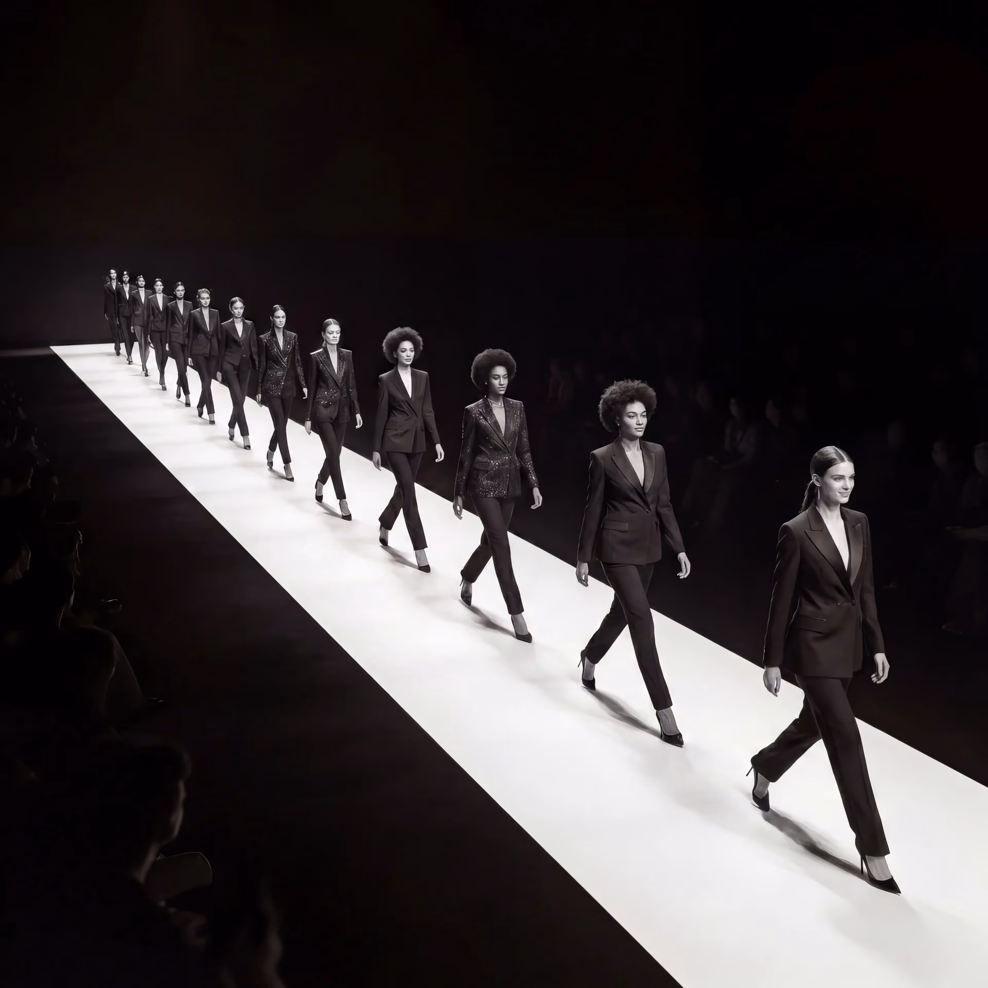 Black and white image of a diverse lineup of models walking on a runway in tailored suits.