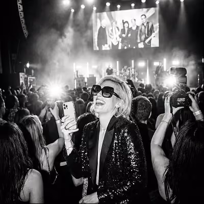 Woman in sunglasses and sequined jacket enjoying concert, holding phone amid crowd with stage lights and screen behind.