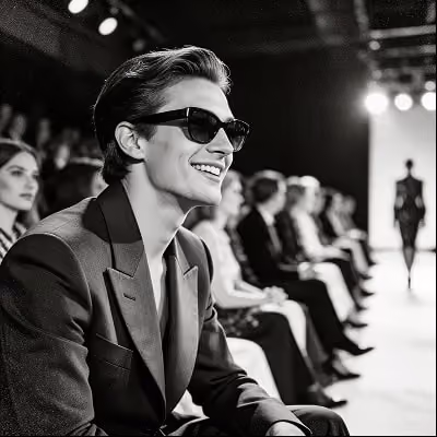 Man wearing sunglasses and a suit smiling while watching a fashion runway show with seated audience.