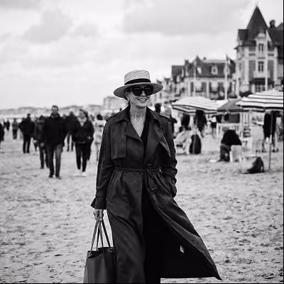 Woman in a long coat and hat walking on a busy beach with umbrellas and buildings in background.