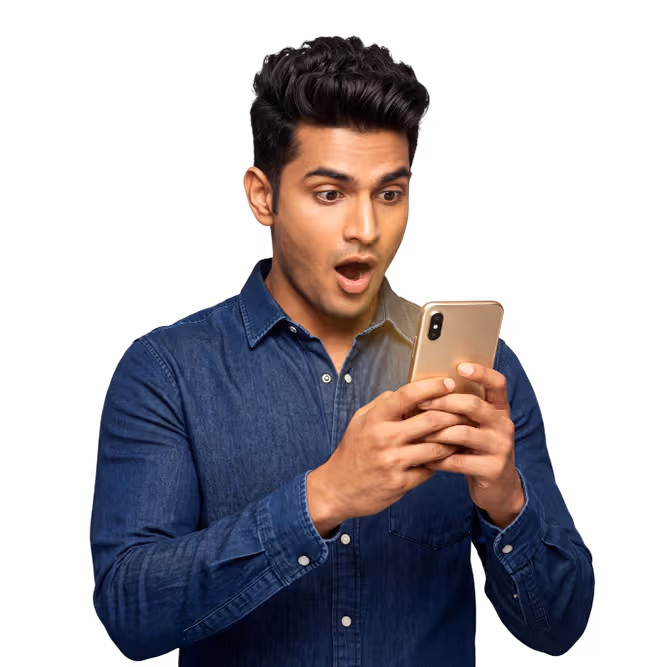 Young man looking surprised at his smartphone