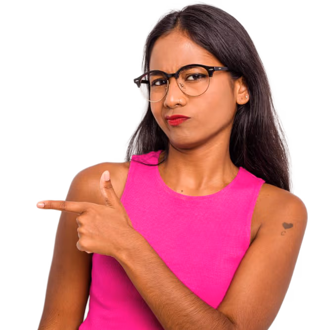 Woman in glasses pointing to the side