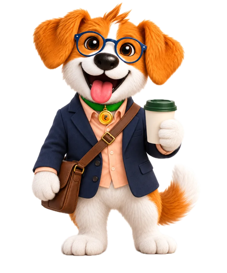 RupeeRedee mascot Redee in a blazer with coffee