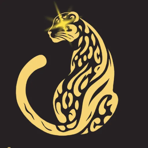 Stylized golden leopard with glowing eyes on a black background.