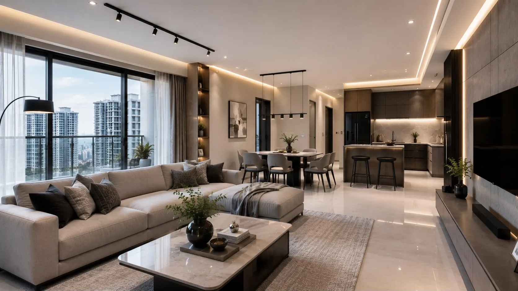 Modern open living space with beige sofa, glass coffee table, dining area, and kitchen with island and bar stools.