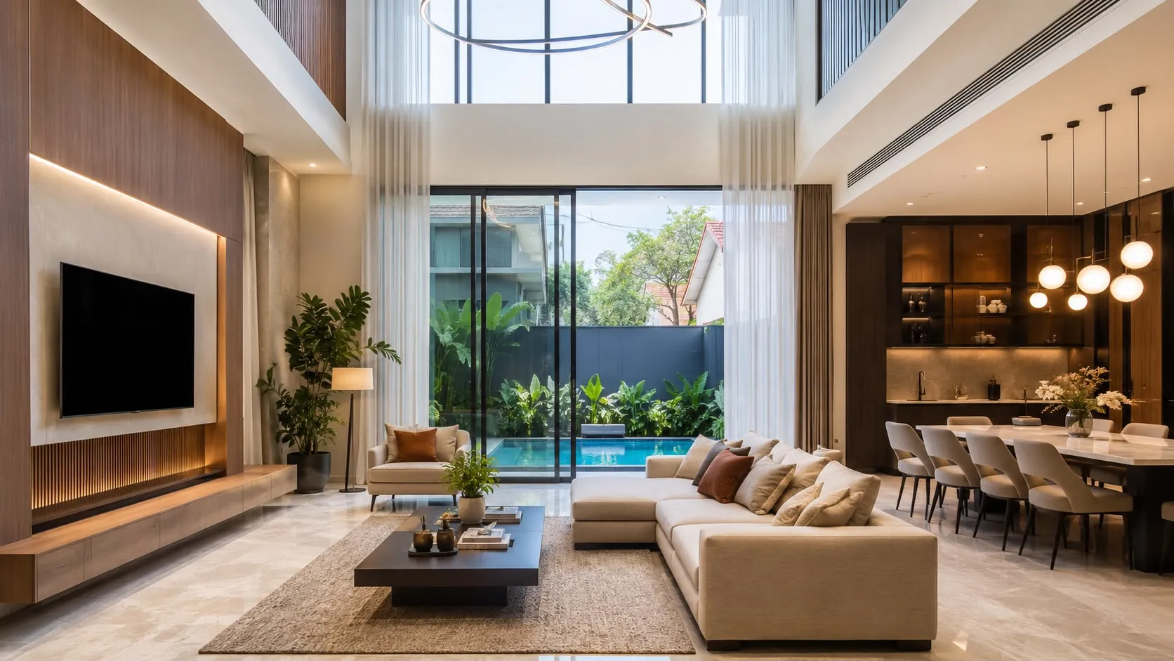 Spacious modern living room with beige sectional sofa, coffee table, large windows, and view of a pool.