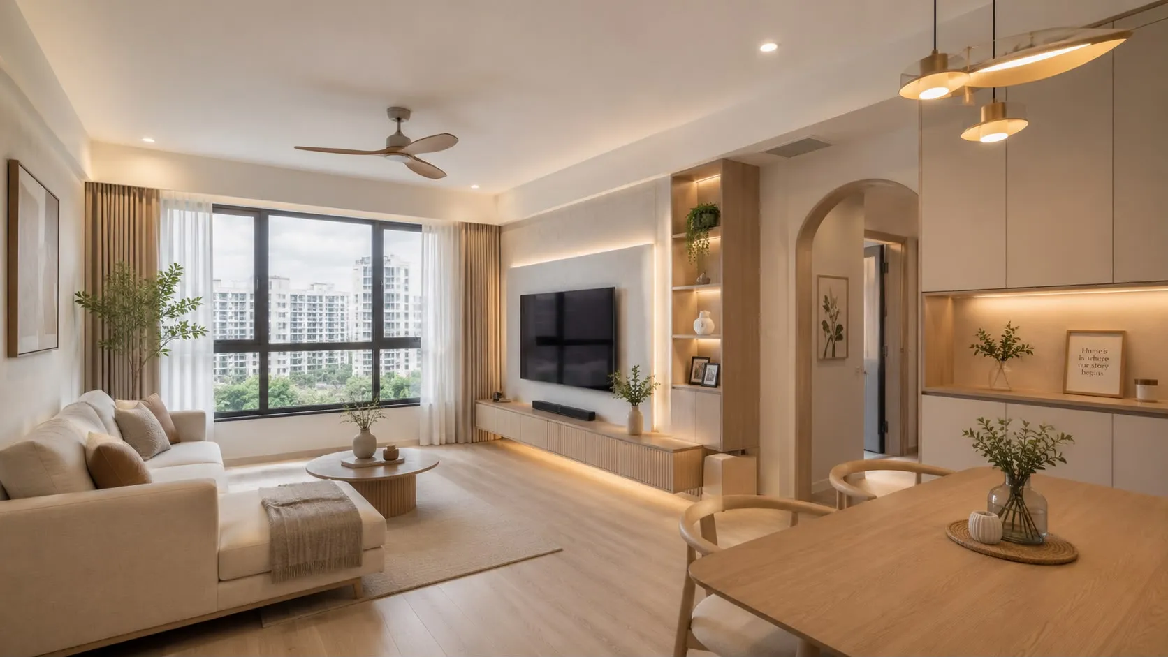 Modern beige living room with large window, ceiling fan, sofa, TV, dining table, and soft lighting.