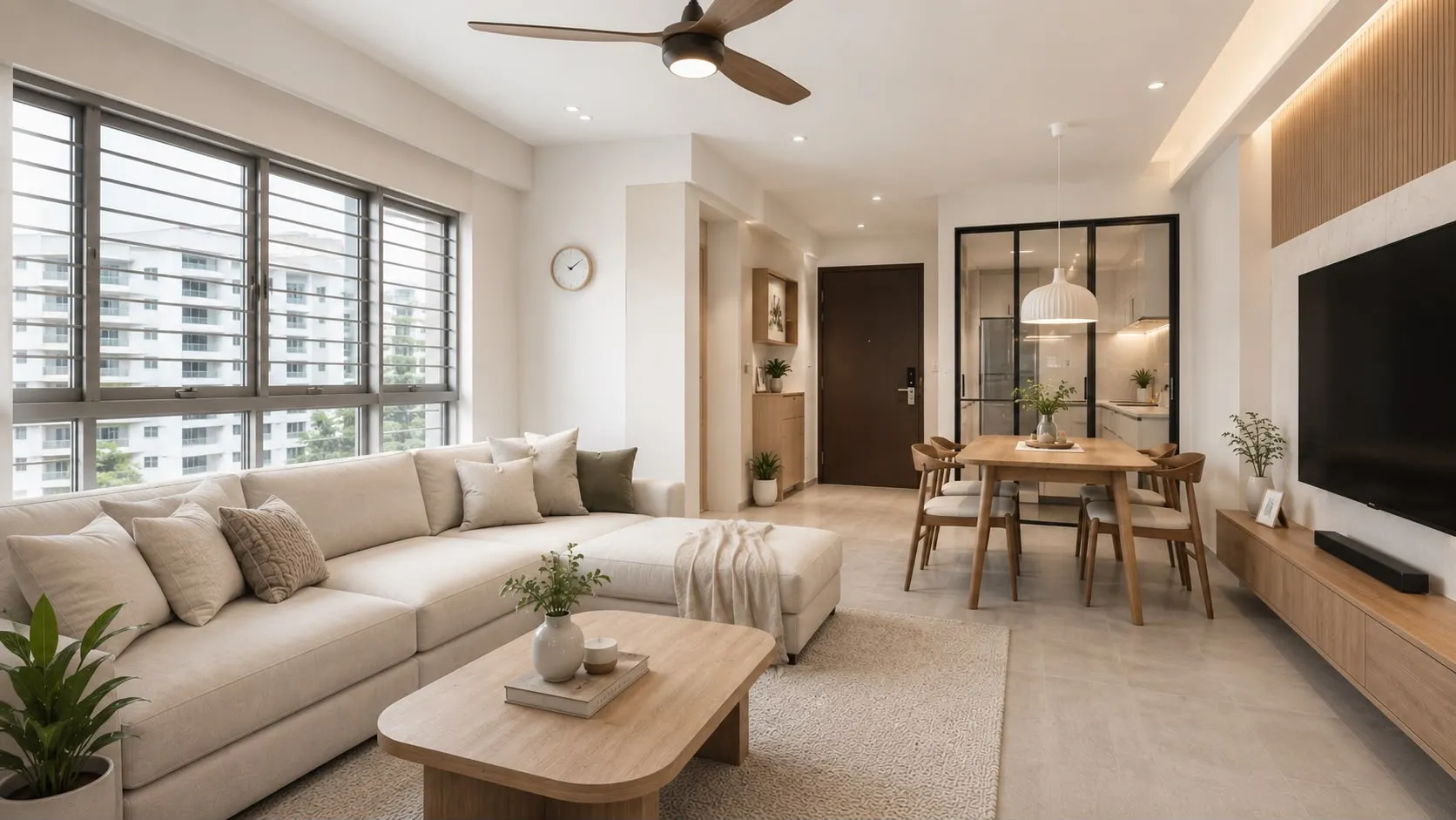 Modern open living room and dining area with beige sofa, wooden table, large TV, and ceiling fan.