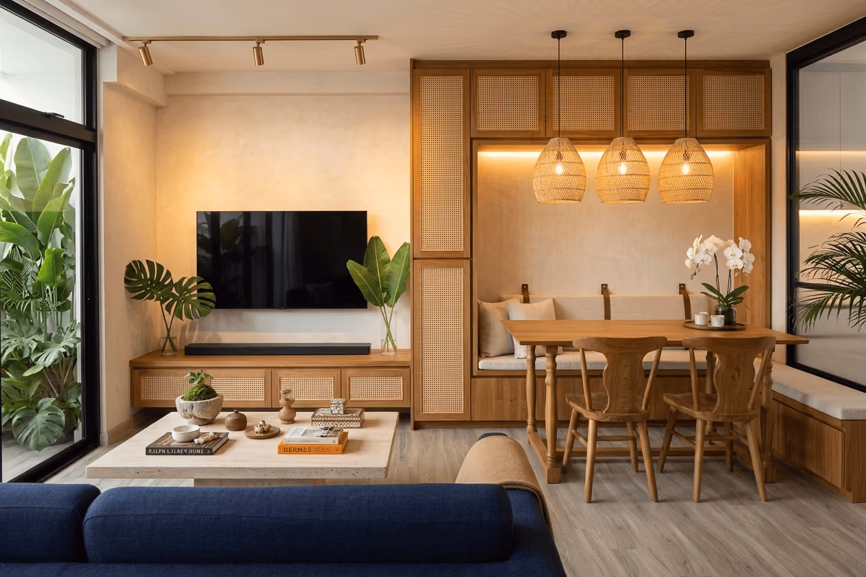 Cozy living room with blue sofa, wooden coffee table, TV, and dining area with wooden chairs and pendant lights.