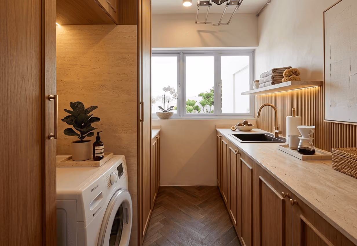 Bright laundry room with wooden cabinets, a Samsung washing machine, sink, and a window with plants outside.
