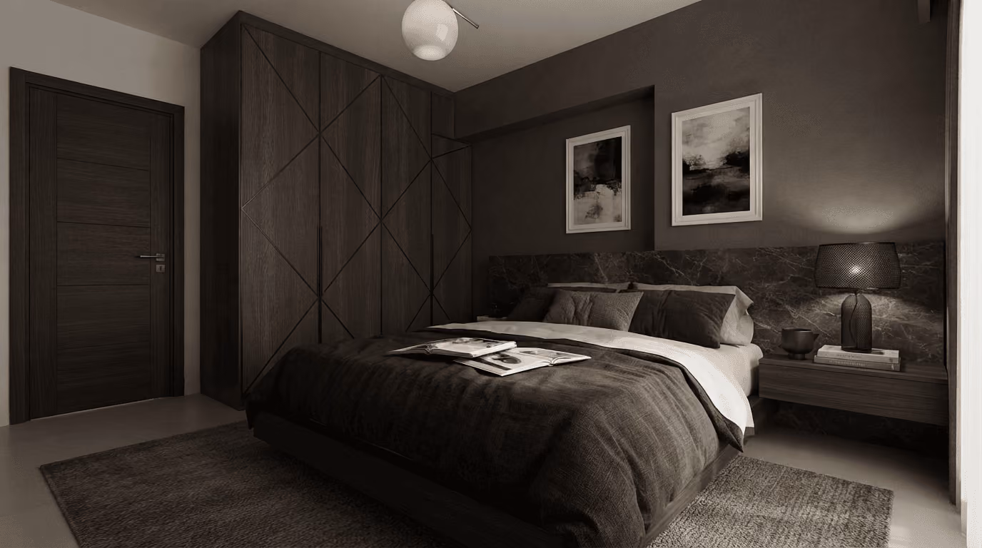 Dark luxury bedroom with large bed, textured blanket, abstract art, and wooden wardrobe and nightstand.