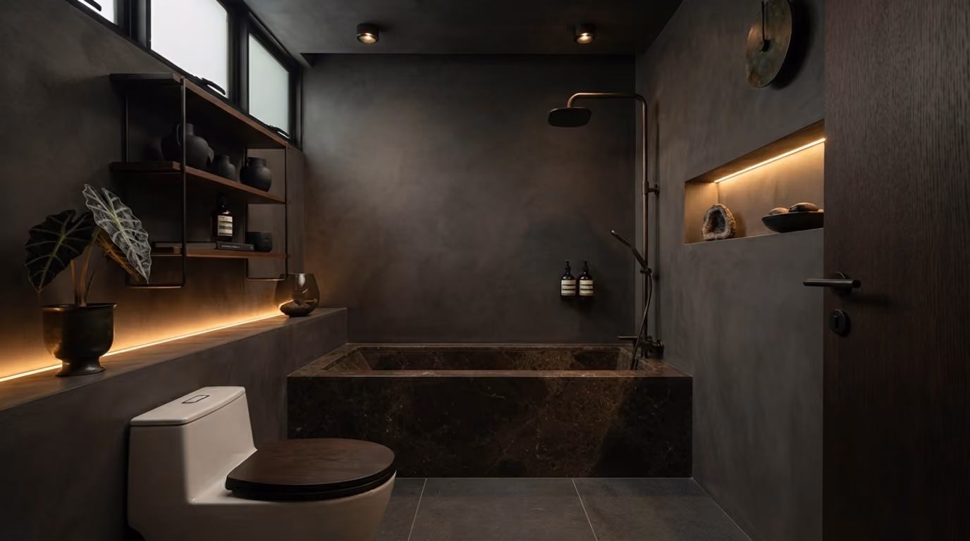 Dark luxury bathroom with black stone bathtub, toilet with dark seat, shelves, and warm ambient lighting.