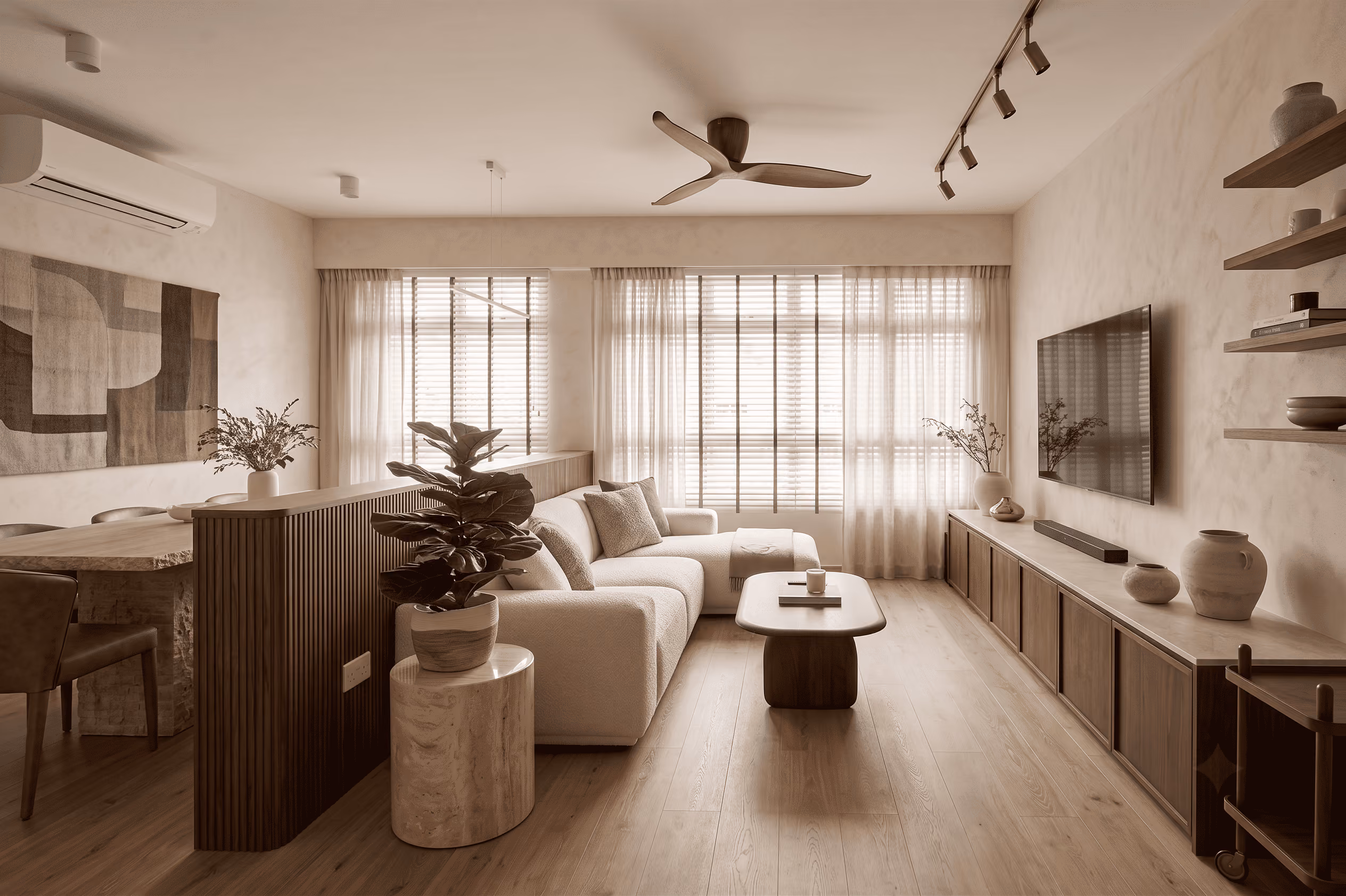 Modern beige living room with sectional sofa, wooden coffee table, TV, plants, and dining area with artwork.